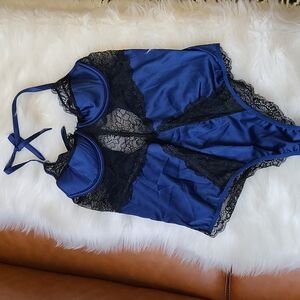 Frederick's Saphhire blue lingerie teddy bodysuit